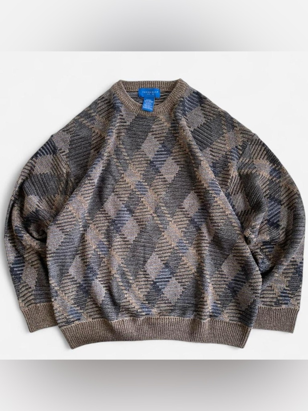 90s Towncraft Brown Black Grey Argyle Diamond Patterned Knit Sweater Crewneck XL